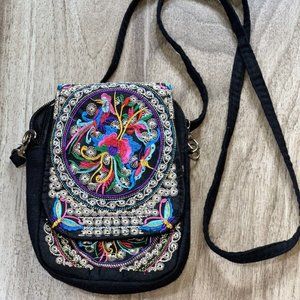 Women Handmade Embroidered Shoulder Bag  Ethnic Flower  Black Crossbody
